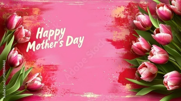 Obraz Pink tulips on a pastel pink background with a banner and copy space, perfect for "Happy Mother's Day" greeting card or postcard design concepts.
