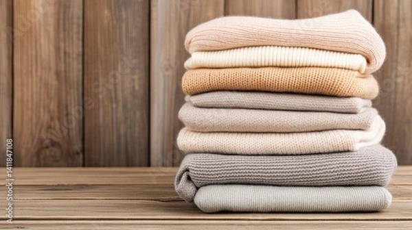 Fototapeta Stacked Cozy Sweaters in Soft Neutral Tones on a Rustic Wooden Background
