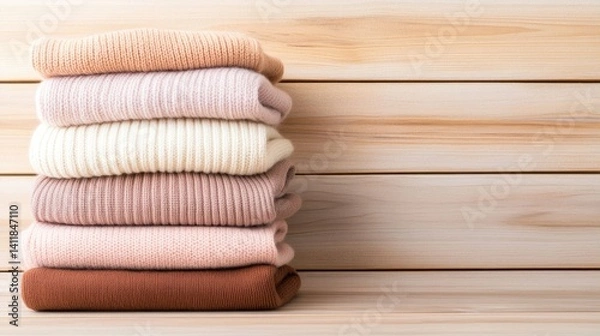 Fototapeta Cozy Stack of Soft Knit Sweaters in Warm Colors Against a Rustic Wooden Background