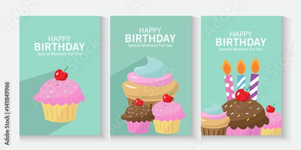 Fototapeta Happy birthday greeting card poster, flayer, banner, collection set, Birthday greeting template design with cupcake and colorful balloons decoration elements for party invitation card background.	