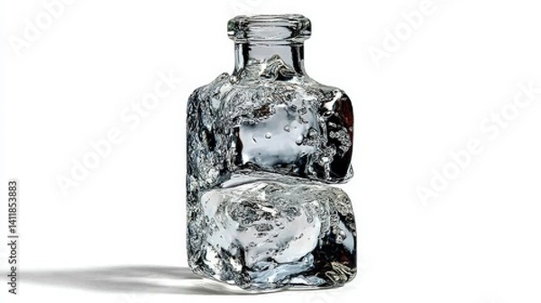 Fototapeta Crystal Clear Ice Block in Glass Bottle Capturing Light and Reflections in Studio Setting
