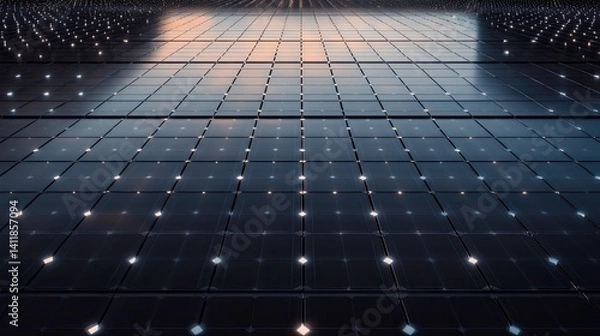 Fototapeta Futuristic Grid with Illuminated Squares and Reflection in Background