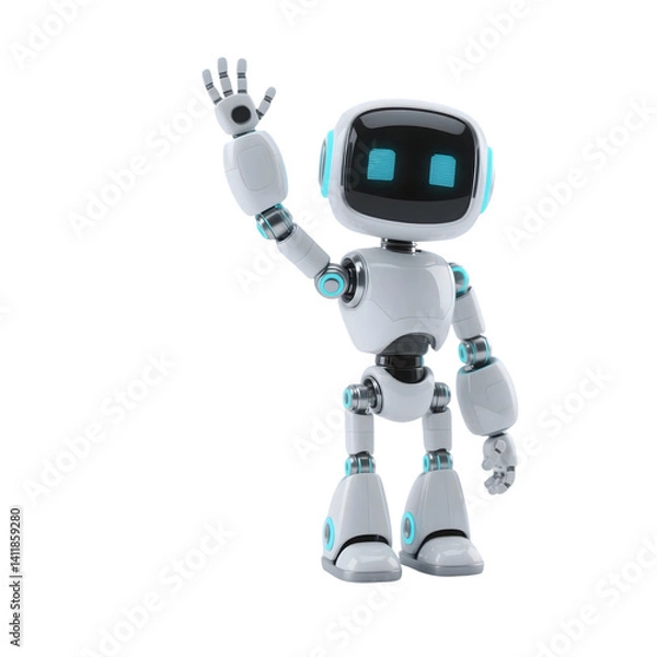 Fototapeta Happy robot. 3d ai character, chat bot mascot isolated on transparent background, GPT chatbot icon. Artificial intelligence, trendy technology, support service, funny automation computer