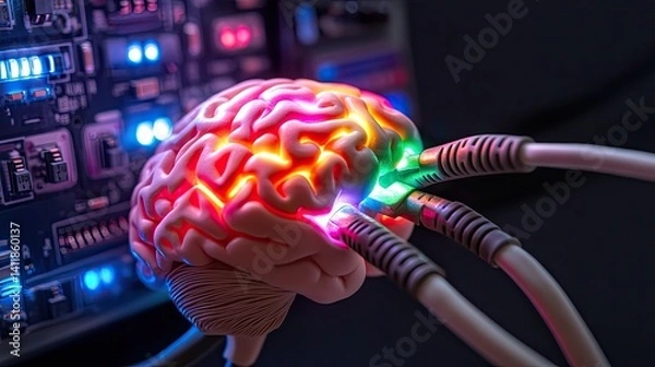 Fototapeta Colorful Brain Model Connected to Network Cables and Technology Background