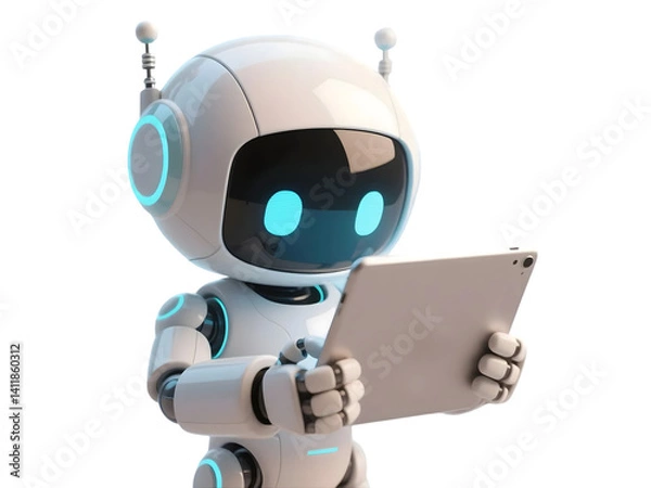 Obraz Happy robot. 3d ai character, chat bot mascot isolated on transparent background, GPT chatbot icon. Artificial intelligence, trendy technology, support service, funny automation computer