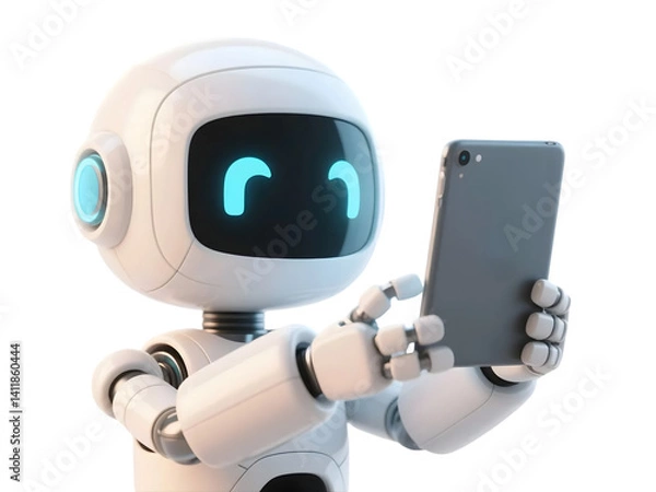 Obraz Happy robot. 3d ai character, chat bot mascot isolated on transparent background, GPT chatbot icon. Artificial intelligence, trendy technology, support service, funny automation computer