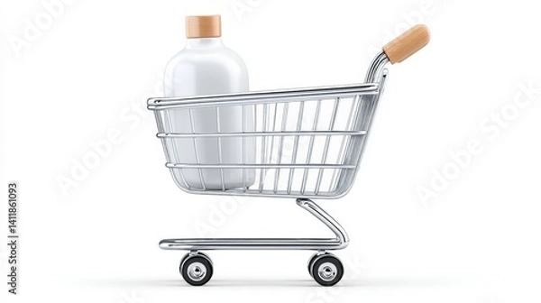 Fototapeta Empty Shopping Cart with White Bottle on White Background for Product Presentation