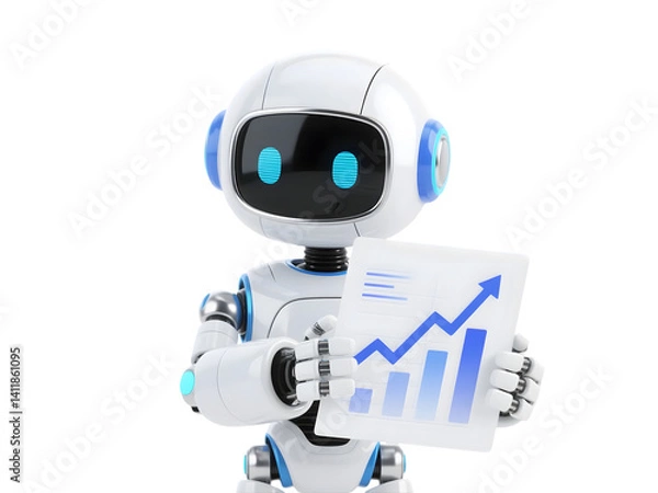 Obraz Happy robot. 3d ai character, chat bot mascot isolated on transparent background, GPT chatbot icon. Artificial intelligence, trendy technology, support service, funny automation computer