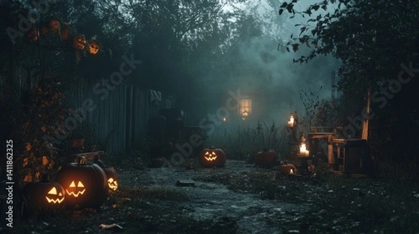 Fototapeta Enigmatic Halloween Night: A Spooky Path Illuminated by Jack-o'-lanterns and Candles