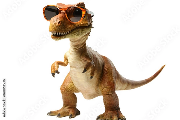 Fototapeta A stylized tan dinosaur poses wearing sunglasses, standing against a stark transparent background