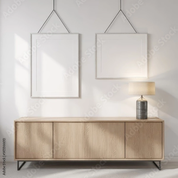 Obraz Minimalist interior with two blank posters on the wall above a wooden cabinet chest of drawers. 3D rendering