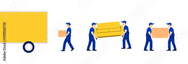 Obraz Workers carry boxes and couch to truck. Moving, delivery service business, mover services, moving to a new place. Bright flat cartoon illustration.