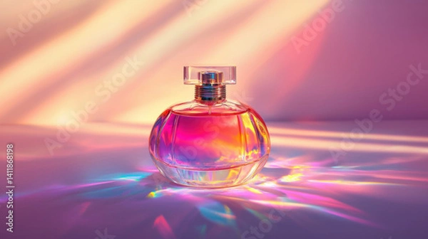 Fototapeta Colorful glass perfume bottle with bright liquid inside, glowing reflections, elegant design, high contrast lighting