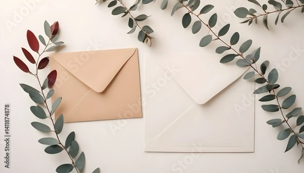 Fototapeta Top view of a white card mockup and envelope with a pen and eucalyptus on a white table.