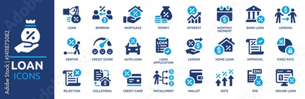 Fototapeta Loan icon set. Containing mortgage, borrow, interest, debtor, credit score, lender, installment, rate, lending and more. Solid vector icons collection.