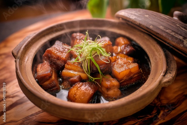 Obraz Top-down food photography of braised pork belly in a rustic clay pot, neatly arranged pork chunks with caramelized edges glistening under softbox lighting