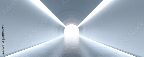 Fototapeta A long, illuminated tunnel leads to a bright, glowing exit, creating a sense of depth and perspective in a minimalistic, futuristic design.