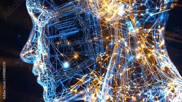 Obraz Neural network visualization forming glowing blue and orange interconnected lines representing human brain structure, symbolizing artificial intelligence within complex technological framework