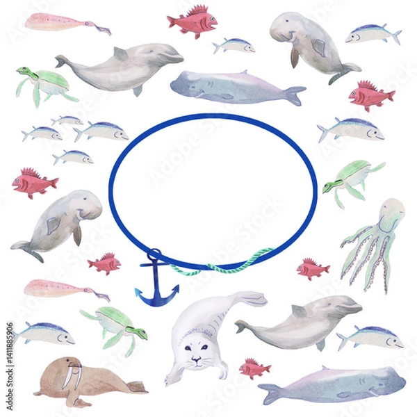 Obraz set nautical banner with underwater fishes, octopus, turtle, dolphin