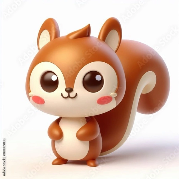 Fototapeta Animated character 3D image of brown gold Squirrel, cute design, white background