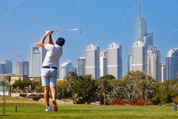 Obraz Golfer teeing off with city skyline backdrop, Male golfer swinging driver on a lush green golf course with a modern urban.