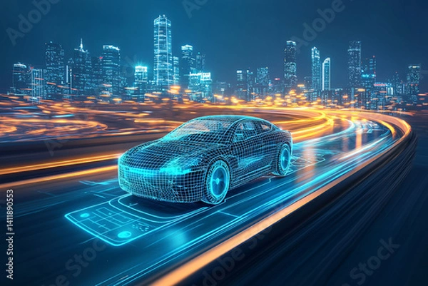 Fototapeta Futuristic Electric Vehicle Driving on City Highway at Night with Abstract Cyberpunk Style Rendering