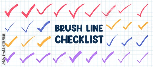 Obraz Checkmark checklist brush line doodle in various style. Brush lines checkmark, checklist, check element vector illustration. Marker, pen, and sketch style tick symbols and checkboxes illustration