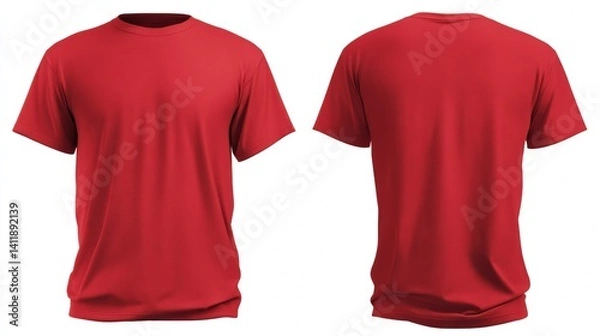 Fototapeta Blank Red Tshirt front and back Mens mockup isolated on white background. Empty template for your design advertisement branding. Empty Clothing. Text or Logo. Mockup Branding.