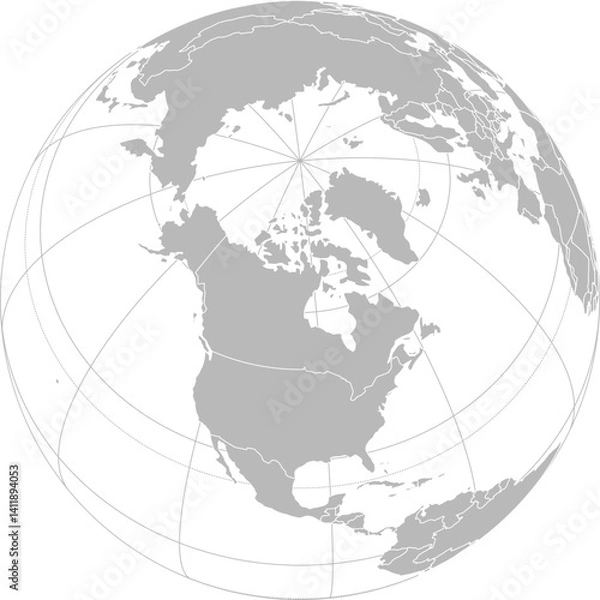 Fototapeta World vector map with country boundaries and graticules (Canada-centered view, orthographic projection, PPT-compatible & fully editable)