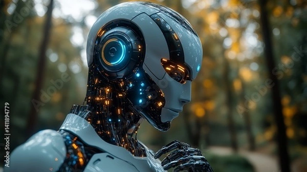 Fototapeta Robot with Advanced Technology Brain, Reflecting on Thought Process, Artificial Intelligence Concept