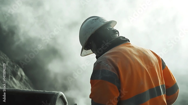Fototapeta Technician inspecting air quality and dust levels at a lithium mining facility. Featuring environmental monitoring