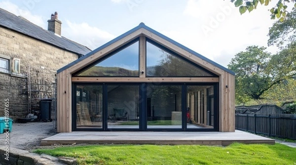 Fototapeta A wooden house extension under construction with large windows and an eco-friendly design.
