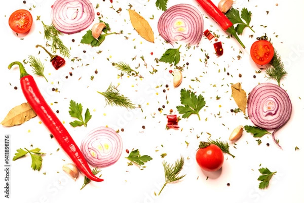 Obraz Various vegetables on a white background. Chopped vegetables and spices on a white background. Cooking and preparation.