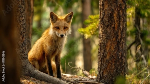 Obraz Red fox, vulpes vulpes in forest. Wild animal in natural environment. Wildlife scene from nature