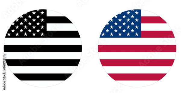Obraz circular US flag icons in black white and classic color flat style.