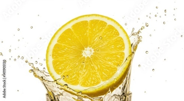 Fototapeta Vibrant lemon slice dynamic juice isolated white background