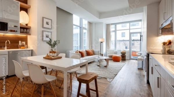 Obraz Stylish interior design of the studio apartment. White table with high chairs, kitchen set. A wide passage into the living room.