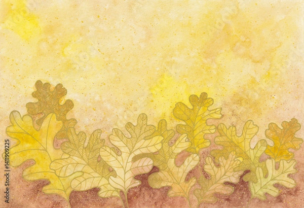 Obraz Autumn oak leaves on grunge background. Nature banner background with oak leaves. Yellow gold brown fall background. Watercolor painting on old textured paper.	