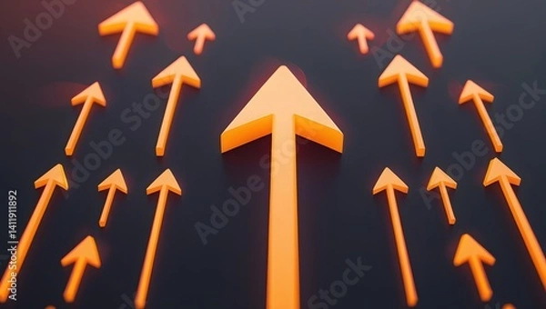 Fototapeta High-Resolution Glowing Orange Arrows on Black Background, Futuristic Progress Concept, Digital Growth Graphic