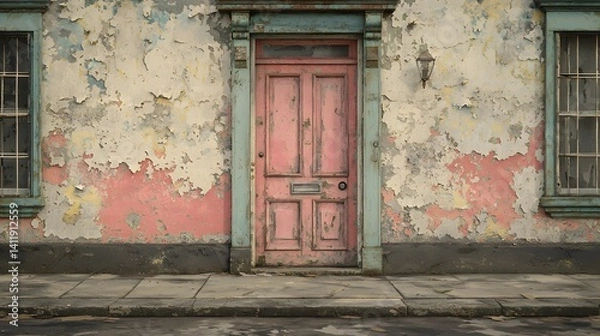 Fototapeta A weathered pink door stands forlornly within an abandoned building, its peeling paint and melancholic atmosphere hinting at forgotten stories and lost time within the decaying