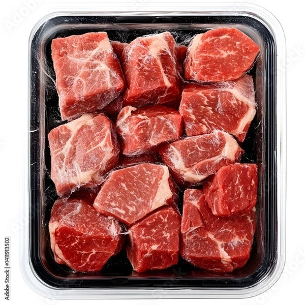 Fototapeta A close-up studio shot reveals a package of frozen beef stew cubes ideal for hearty winter recipes showcasing rich red meat and perfect texture for culinary uses.