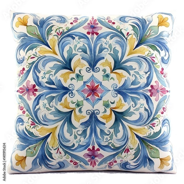 Fototapeta Decorative Pillow with Blue and Yellow Floral Pattern. This intricately designed cushion features a watercolor-style painting of swirling leaves and flowers.