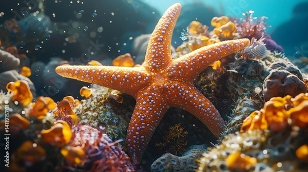 Fototapeta A vibrant orange starfish with white dots rests on a bed of colorful coral and marine life showcasing the beauty of underwater biodiversity in a realistic depiction of an ocean