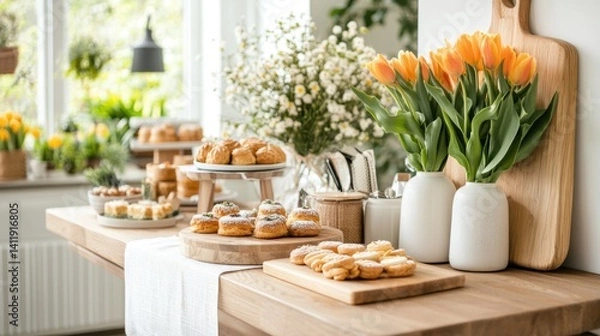 Fototapeta Modern Easter brunch table with vibrant tulip display and sweet spring pastries