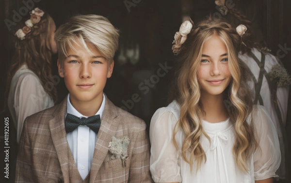 Obraz Teenagers leaving church after confirmation ceremony, dressed formally and surrounded by family and joyful atmosphere