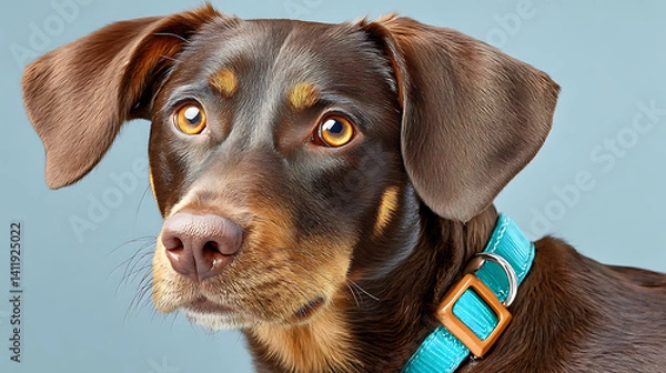 Obraz close up of brown dog with expressive eyes and blue collar, showcasing its friendly demeanor and unique features