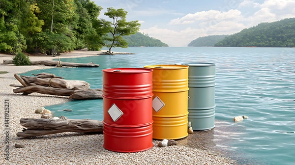Obraz Brightly colored barrels near serene lake, surrounded by trees and rocks, create striking contrast with nature