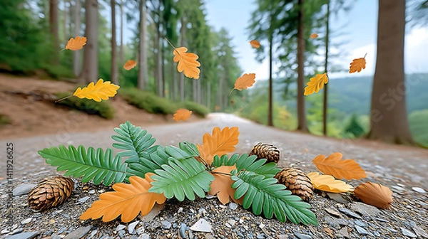 Fototapeta serene forest path adorned with colorful autumn leaves and pine cones, creating peaceful atmosphere