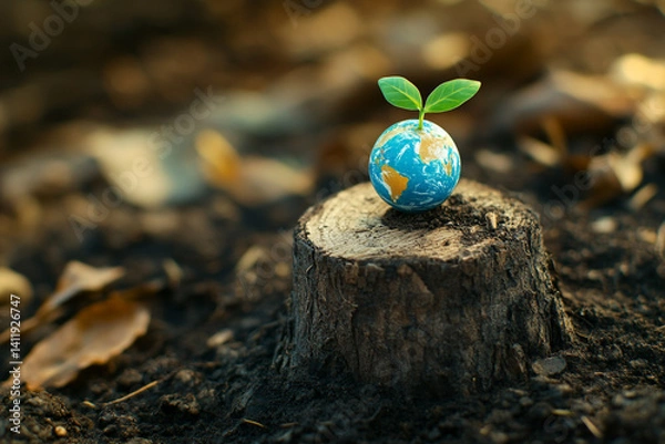 Fototapeta A small plant sprouts from a globe resting on a tree stump in the earth
