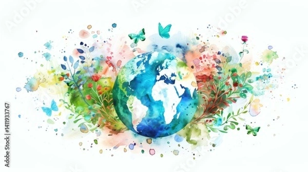 Fototapeta Earth Day watercolor illustration of globe surrounded by plants, butterflies, and colorful splatters on a white background